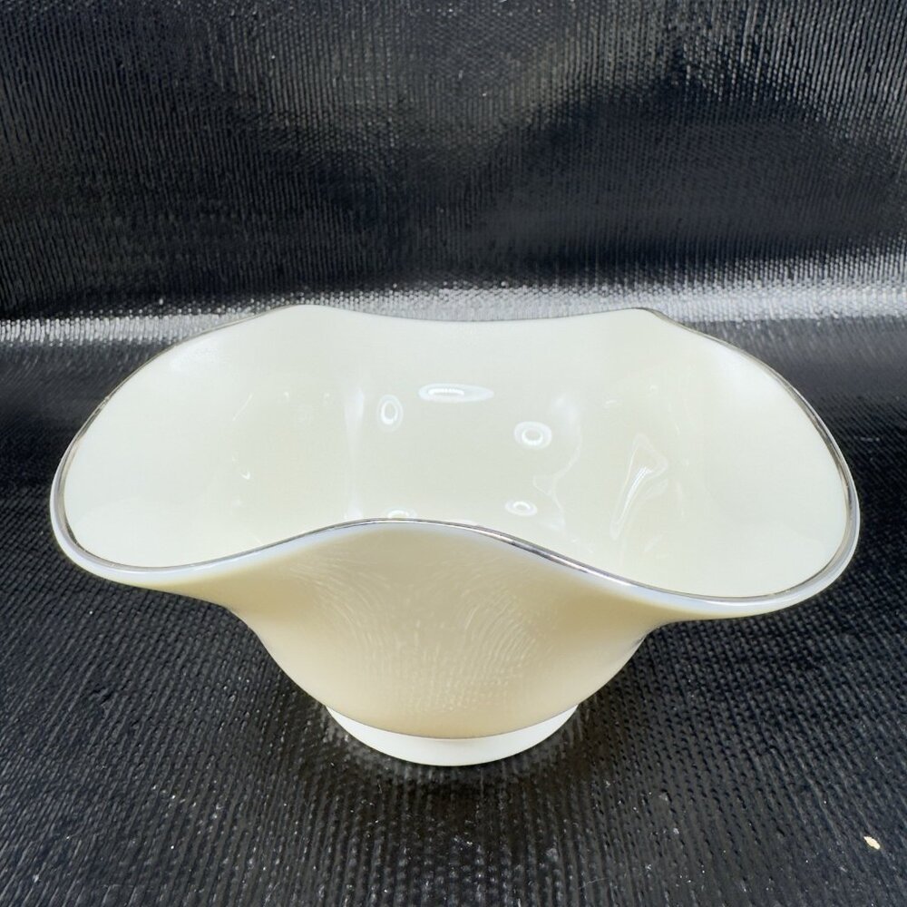 Lenox USA Devon Tri‎ Corner Ruffled Fluted Candy Bowl Ivory Silver Rim Porcelain